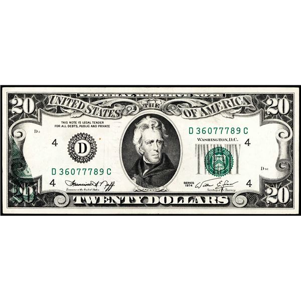 1974 $20 Federal Reserve Note Cleveland Partial Offset Error
