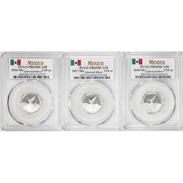 Lot of 2016-2018-Mo Mexico Proof 1/10 oz Silver Libertad Coins PCGS PR69DCAM