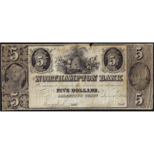 1841 $5 The Northampton Bank Allentown, PA Obsolete Note