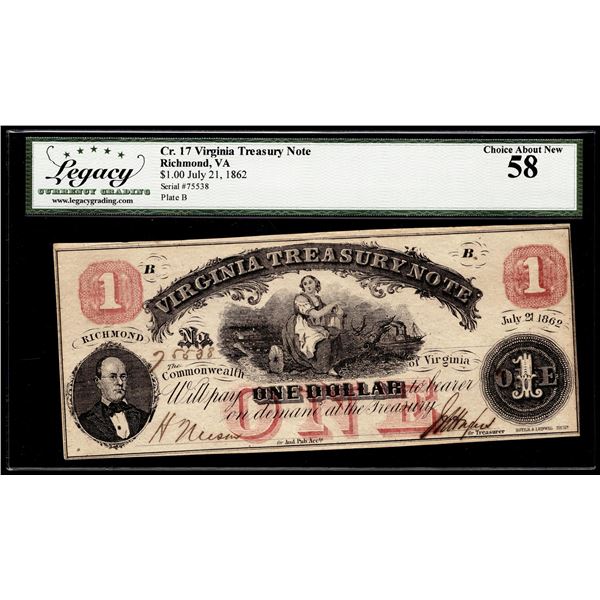 1862 $1 Virginia Treasury Note Richmond, VA Obsolete Note Legacy Choice About New 58