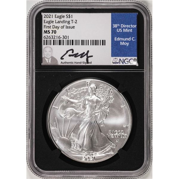 2021 Type 2 $1 American Silver Eagle Coin NGC MS70 FDOI Edmund Moy Signature