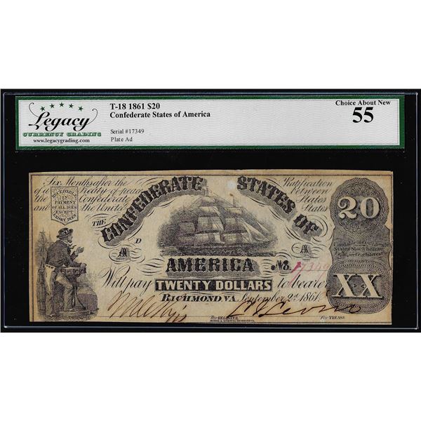 1861 $20 Confederate States of America Note T-18 Legacy Choice About New 55