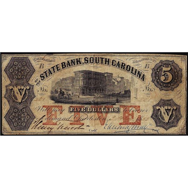 1855 $5 The State Bank of South Carolina Charleston Obsolete Note