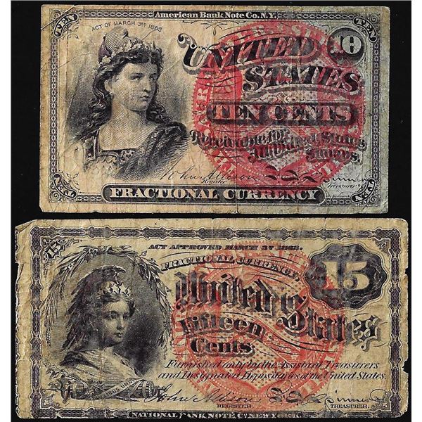 Lot of 1863 Fourth Issue 10 & 15 Cents Fractional Currency Notes
