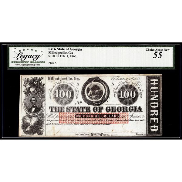 1863 $100 State of Georgia Milledgeville, GA Obsolete Note Legacy Choice About New 55