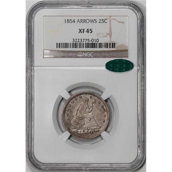 1854 Arrows Seated Liberty Quarter Coin NGC XF45 CAC