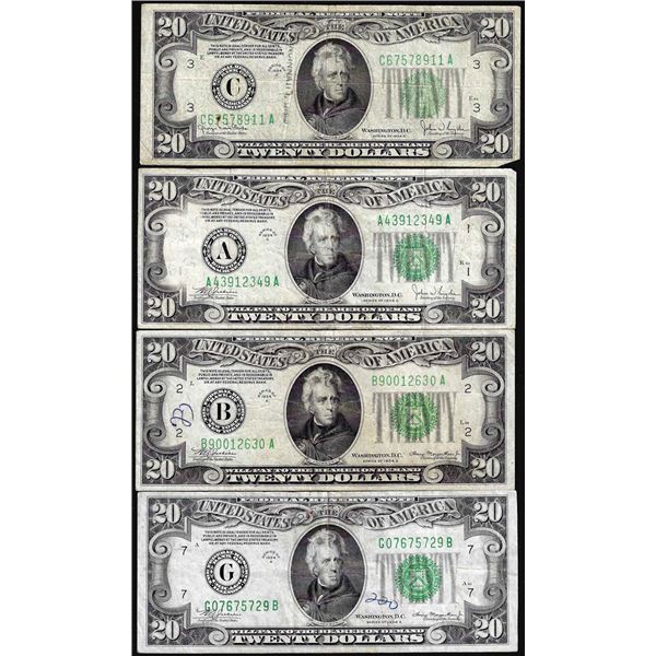 Lot of (4) 1934 $20 Federal Reserve Notes