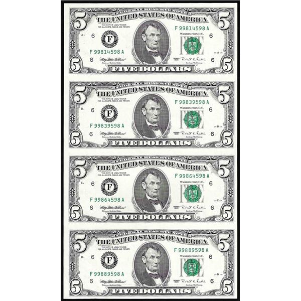 Uncut Sheet of (4) 1995 $5 Federal Reserve Notes