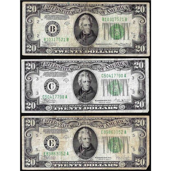 Lot of (3) 1934A/B/C $20 Federal Reserve Notes