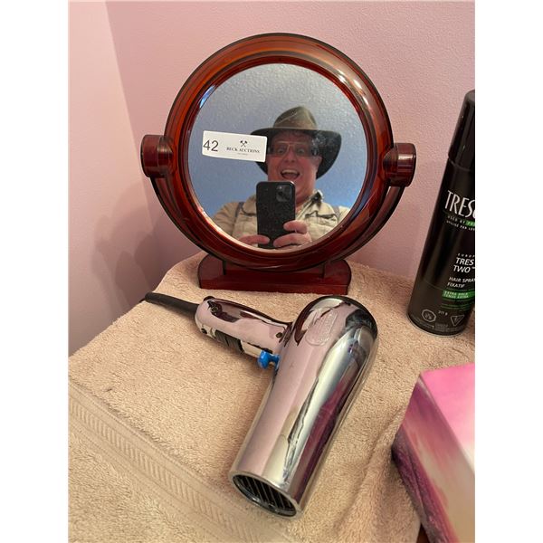 Round Vintage 80"s Mirror and COnair Quiet Tone Hair Dryer