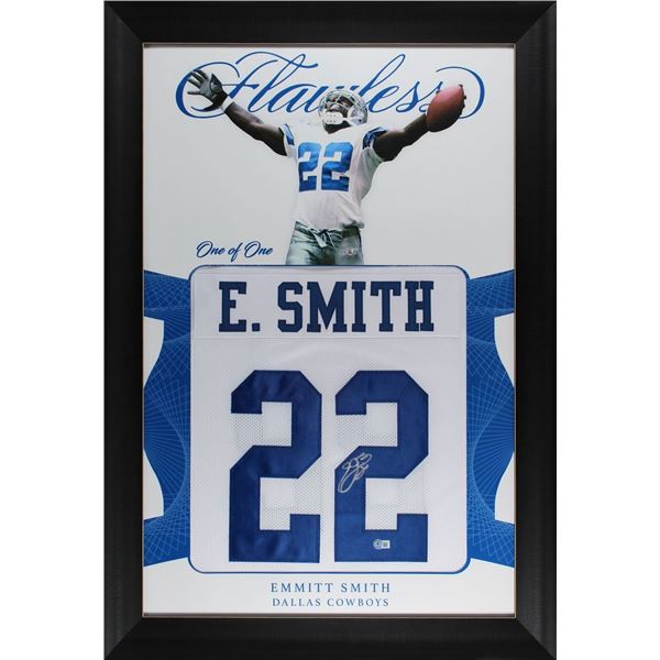 1EMMITT SMITH SIGNED 1 OF 1 FLAWLESS CUSTOM FRAMED JERSEY (BECKETT COA)