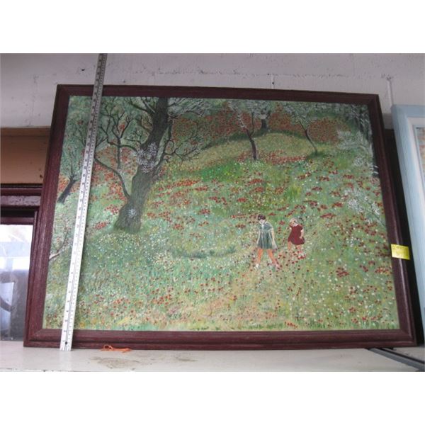 LG. ORIGINAL FRAMED PAINTING, "THE GIRLS WALKING THROUGH THE FLOWERS" BY H. FOSTER