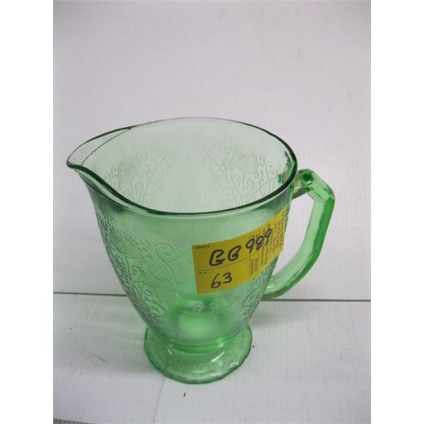 DEPRESSION GLASS WATER PITCHER, SOME CHIPS ON BOTTOM