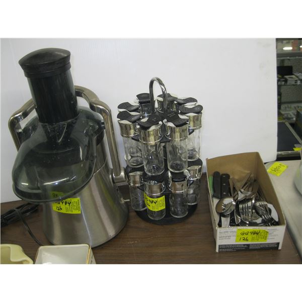 JUICER, SPICERACK & LOT OF CUTLERY