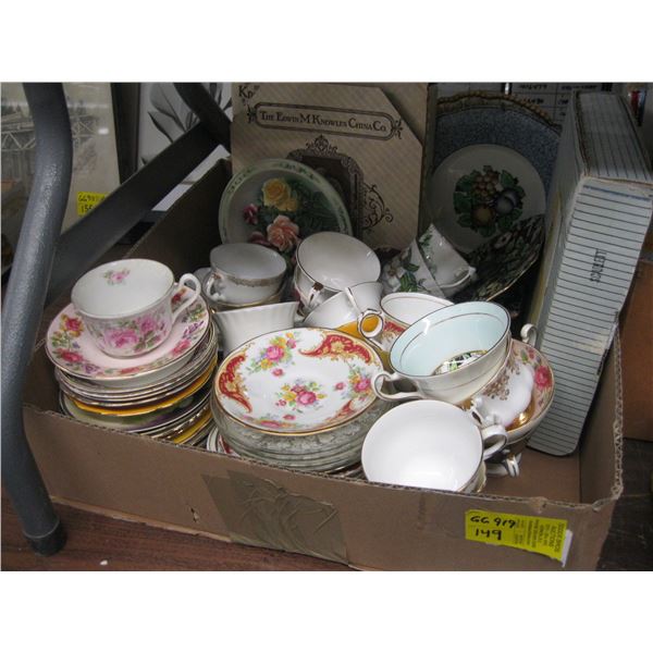 LG. BOX OF ASST. TEACUPS, SAUCERS, COLLECTOR PLATES, ETC.