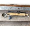 Image 8 : WOODEN CRATE W/WOODEN ROLLING PIN, LADLE, GALVANIZED PAIL, ETC.