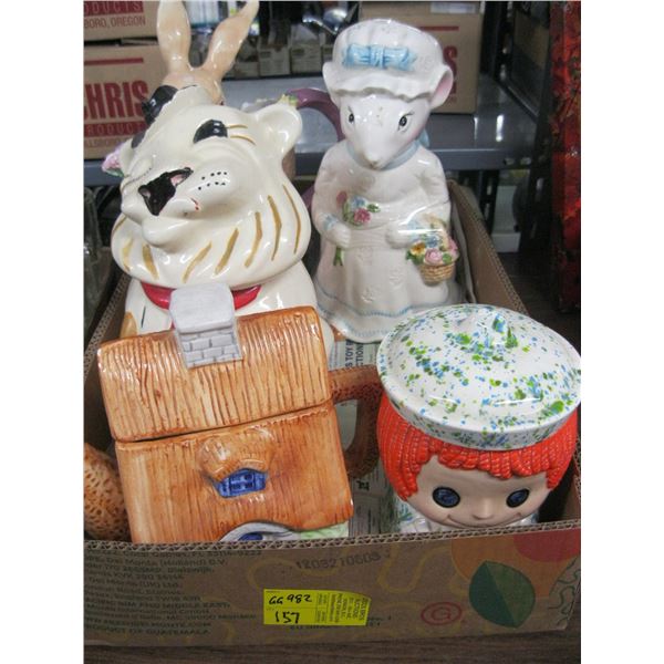 3 COOKIE JARS, A DECORATIVE TEAPOT & RABBIT PITCHER