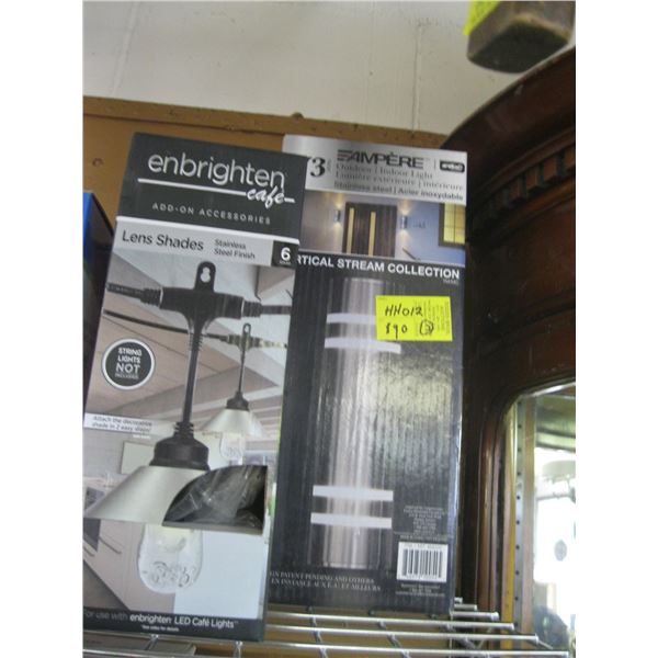 STAINLESS STEEL INDOOR OUTDOOR LIGHT FIXTURE & A BOX OF 6 LENS SHADES