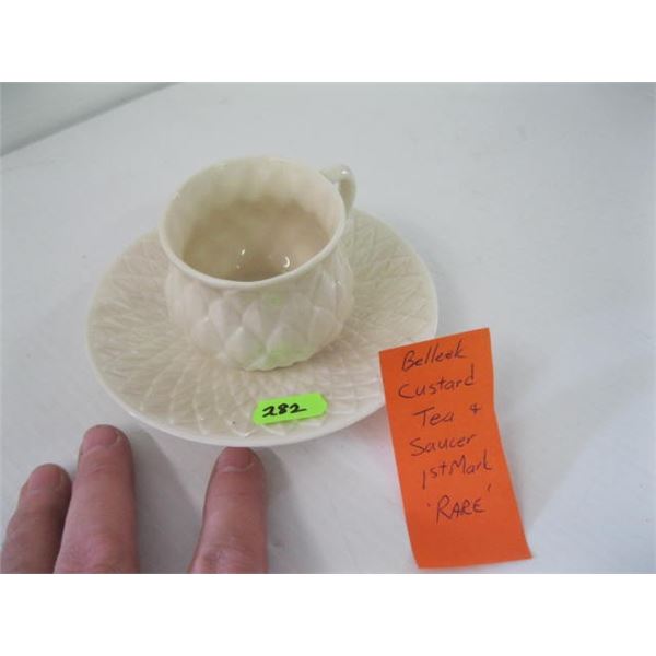 BELLEEK CUSTARD TEA & SAUCER 1ST MARK (RARE)