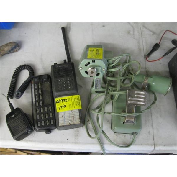 MISC. SINGER ELECTRIC MOTOR W/FOOT PEDAL, HANDHELD VHF RADIO (NO CHARGER), ETC.