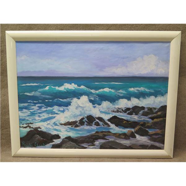 Makapu'u Wild Surf Artwork Signed by Artist Pauahi Clark, in White Frame 33"x25"