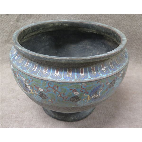 Footed Blue Floral Planter Pot w/ Maker's Mark 13" dia, 10"H