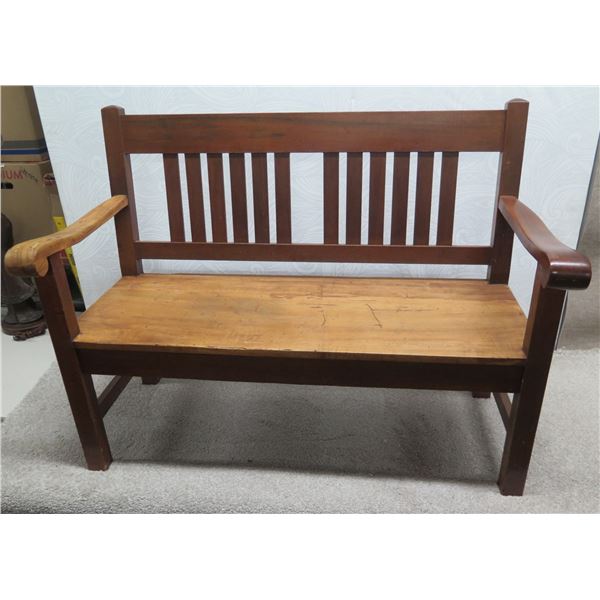 Koa Wood Bench w/ Arms & Slatted Back 48"x18"x36"H (needs repair & refinishing)