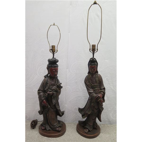 Qty 2 Lamp Bases w/ Quan Yin Figures (No shades) 28" & 35"H