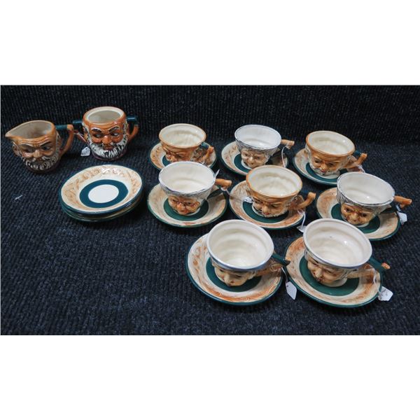 Qty 8 Tea Cups w/ Faces, 9 Saucers & Creamer w/ Sugar Bowl