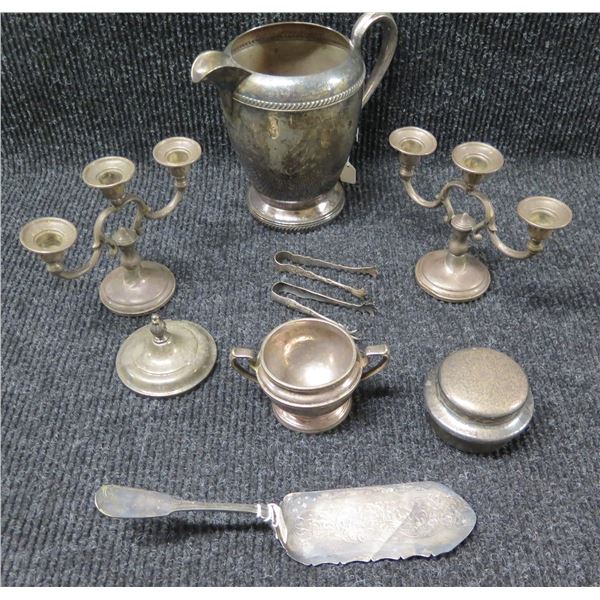 Pair Sterling Candelabras, Plated Pitcher & Cake Cutter, etc