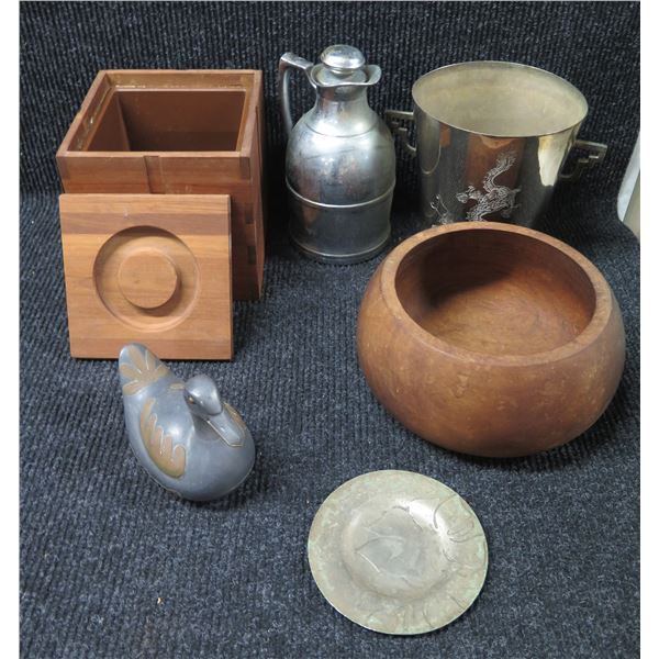 Wooden Box w/ Lid & Bowl, Metal Stanley Pitcher w/ Stopper, Dragon Cooler, Duck, etc