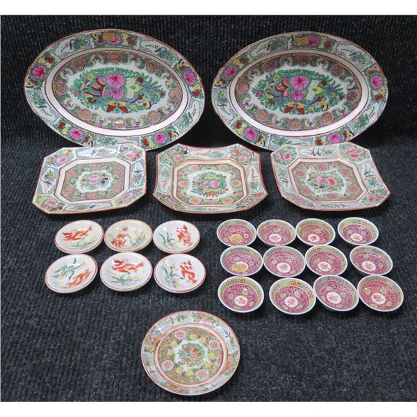 Multiple Famille Rose Plates, Condiment Dishes & Oval Platters w/ Maker's Marks, Misc Sizes