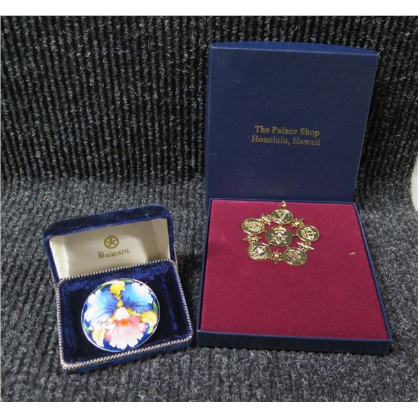 The Palace Shop Halia Aloha Ornament w/ History & Daimaru Floral Brooch in Original Boxes