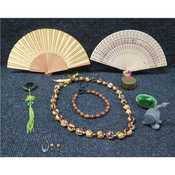 Qty 2 Decorative Fans, Kukui Nut Lei, Trinket Box, Earrings, etc