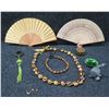 Image 1 : Qty 2 Decorative Fans, Kukui Nut Lei, Trinket Box, Earrings, etc