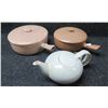 Image 1 : Qty 2 Pottery Dishes w/ Handles, Lids & Gray Teapot, Misc Sizes