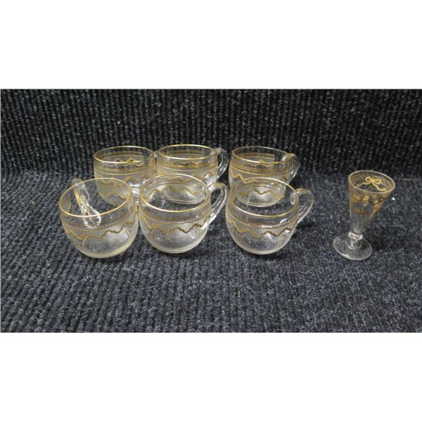 Qty 6 Glass Mugs w/ Etched Design & Footed Shot Glass
