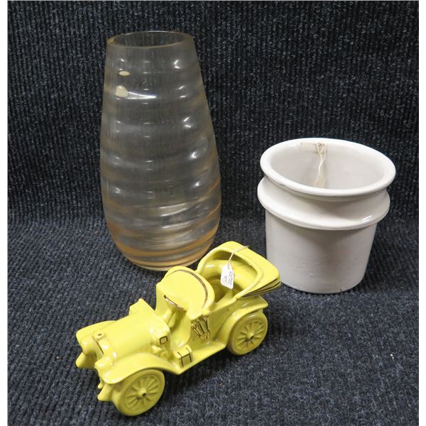 Glass Vase, White Bowl Marked B & Yellow Car