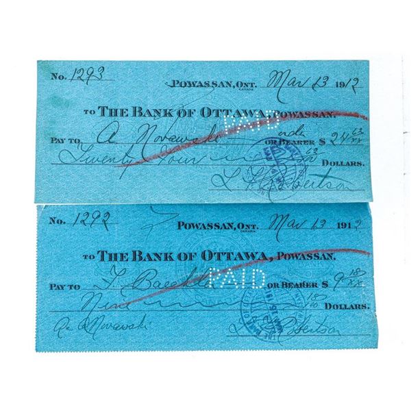 Antique - Bank of Ottwaw, POWASSAN. 2 x Cheques Dated March 1912 - Over 110 Years Old