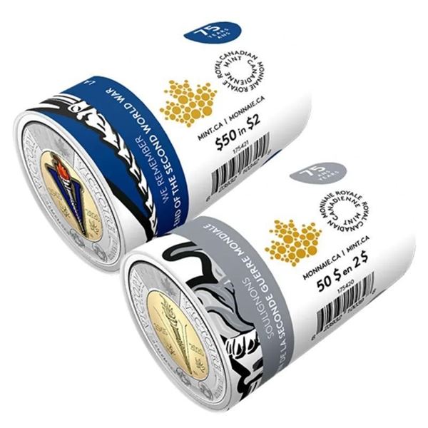 RCM Set of 2 Rolls 1945-2020 Victory 75 Years $2 Coin, Colour & Plain Rolls = 50 Coins x $2