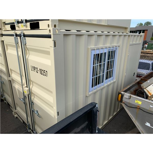 12' BEIGE PORTABLE OFFICE CONTAINER W88" X L144" X H99" WITH WINDOW, LOCKING MAN DOOR, WOOD FLOOR,