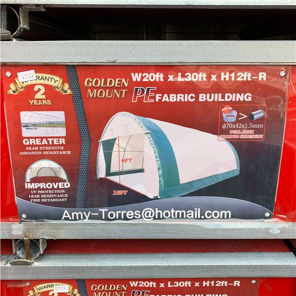 GOLDEN MOUNT 20' X 30' X 12' HIGH ROUND ROOF PE FABRIC BUILDING WITH 16' X 8' ROLL DOOR