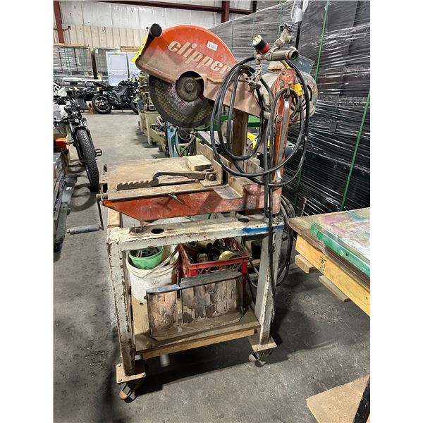 CLIPPER ORANGE DUAL VOLTAGE INDUSTRIAL METAL CUTTING CHOP SAW ON HEAVY DUTY MOBILE STAND WITH