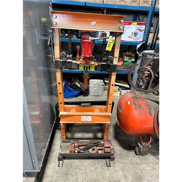 PIT BULL ORANGE 20 TON PNEUMATIC / HYDRAULIC SHOP PRESS WITH ASSORTED DIES & ATTACHMENTS