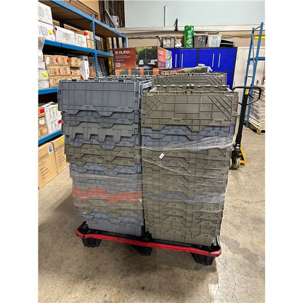 STACK OF 13 GREY PLASTIC 21"W X 15"D X 13"H INDUSTRIAL FOLD TOP STORAGE BINS