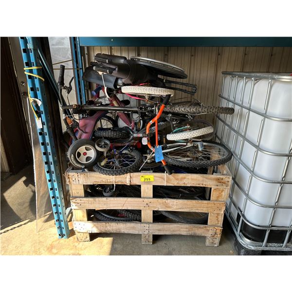 PALLET CRATE OF ASSORTED BIKE FRAMES, CHILDRENS BIKES, WHEELCHAIR, TIRES & PARTS