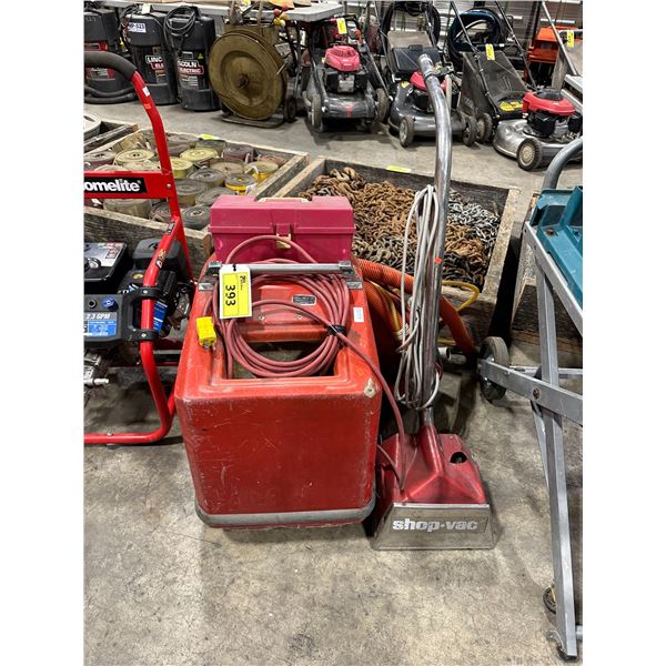 CLARKE RED COMMERCIAL MOBILE CARPET CLEANER WITH ELECTRICAL CABLES, HOSES, & CLEANING WAND / HEAD