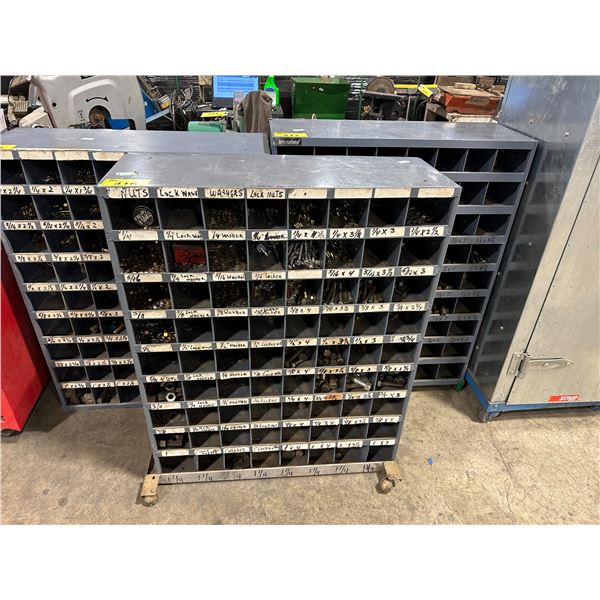 72 SLOT GREY METAL INDUSTRIAL HARDWARE SORTER WITH ASSORTED HARDWARE ON MOBILE CART