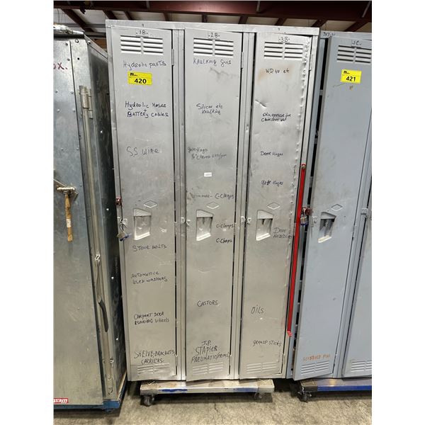 GREY 36"W X 15"D X 78"H METAL LOCKING 3 BAY STORAGE LOCKER ON MOBILE CART WITH ASSORTED CONTENTS OF