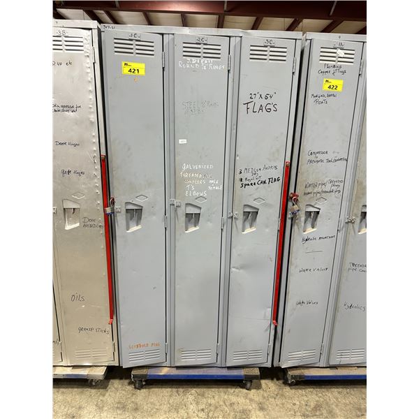 GREY 36"W X 15"D X 78"H METAL LOCKING 3 BAY STORAGE LOCKER ON MOBILE CART WITH ASSORTED CONTENTS OF